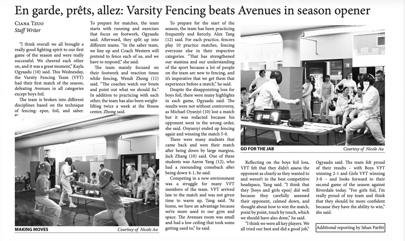 The Record — Varsity Fencing Beats Avenues