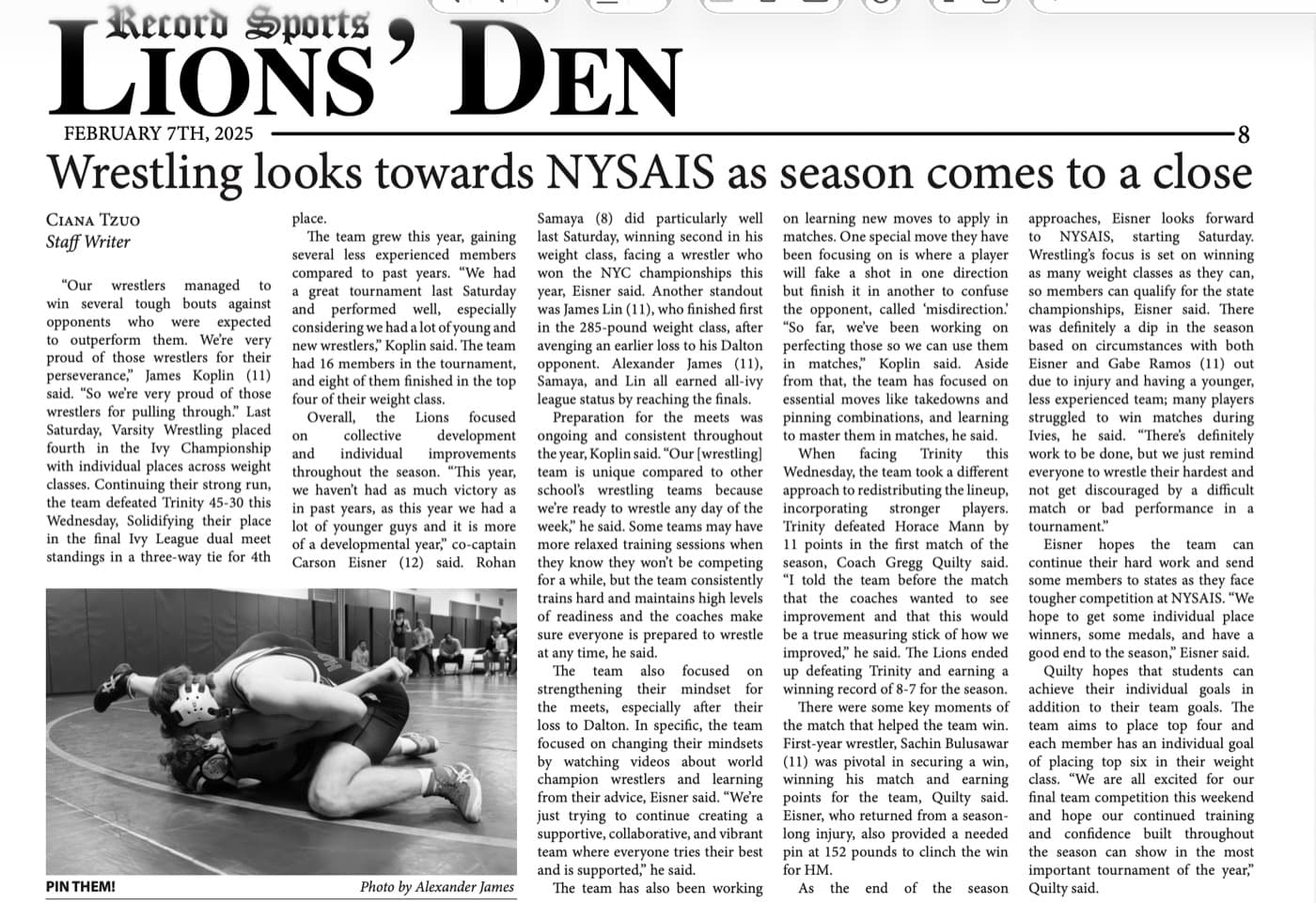 The Record — Wrestling Looks Toward NYSAIS